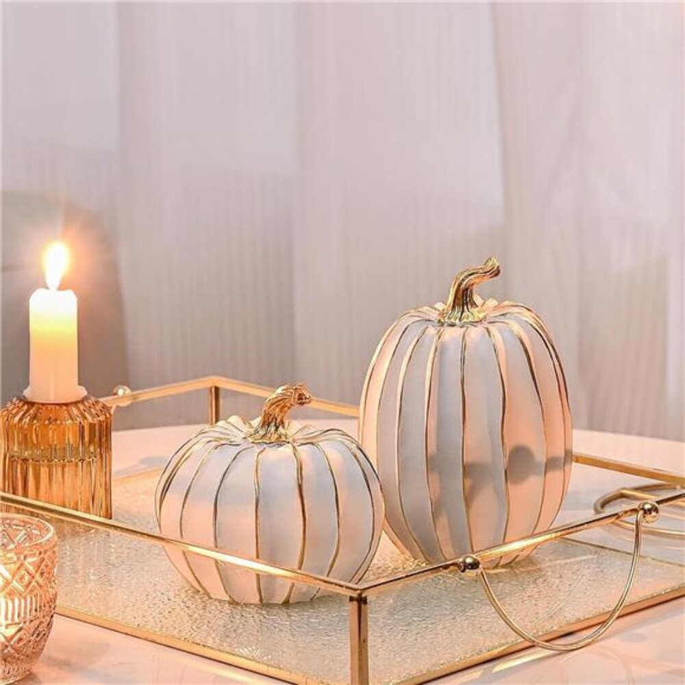 Fall Pumpkin Decor, 2 PCS Resin Thanksgiving Fake Pumpkin Figurines,White & Gold